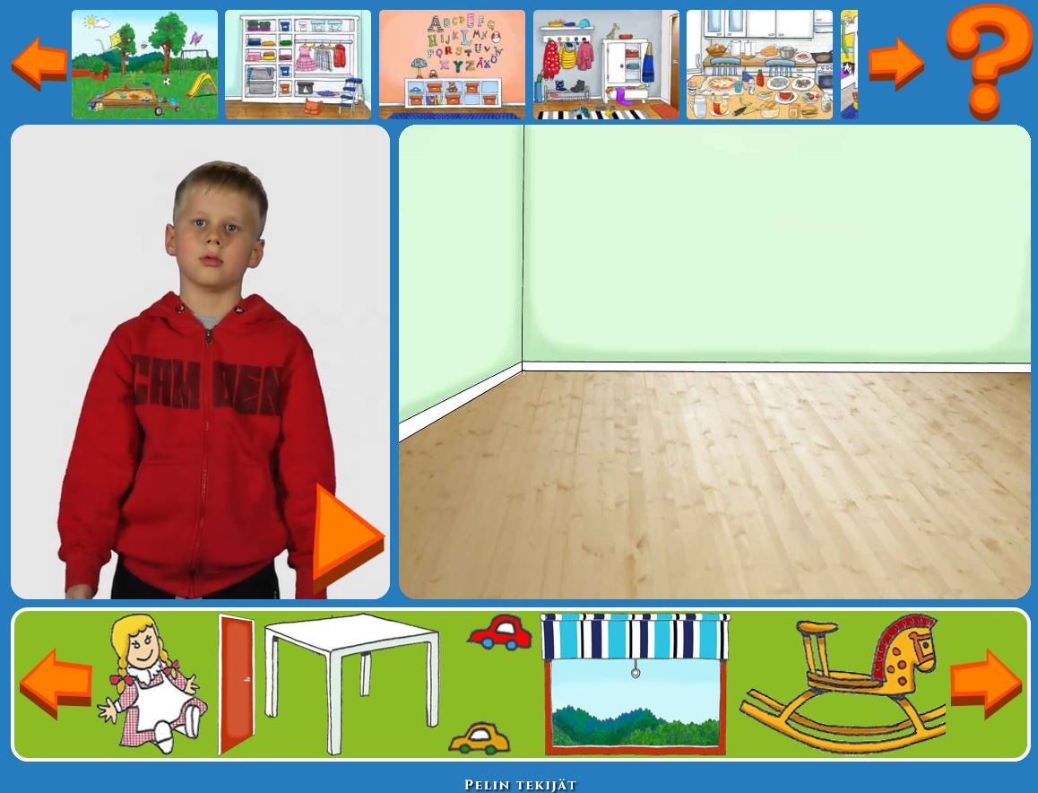 Vasemmassa reunassa seisoo pieni poika, muuten kuvassa on piirretty huone ja sen yläpuolella erilaisia tavaroita.
