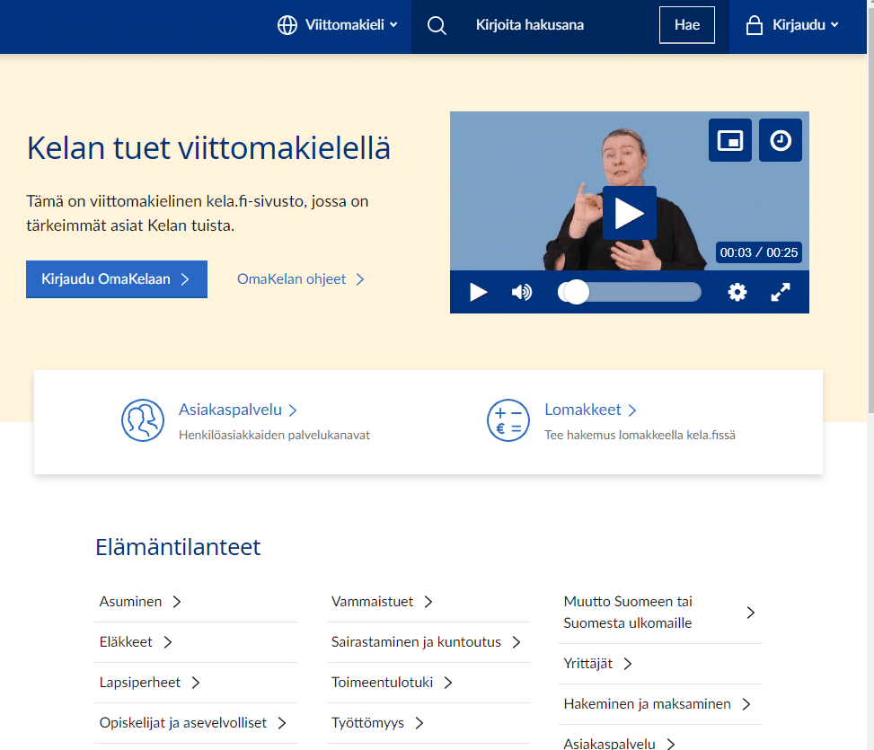 Ruutu, jossa viittova nainen, ympärillä linkkitekstejä viittomakielisiin tiedotusvideoihin.