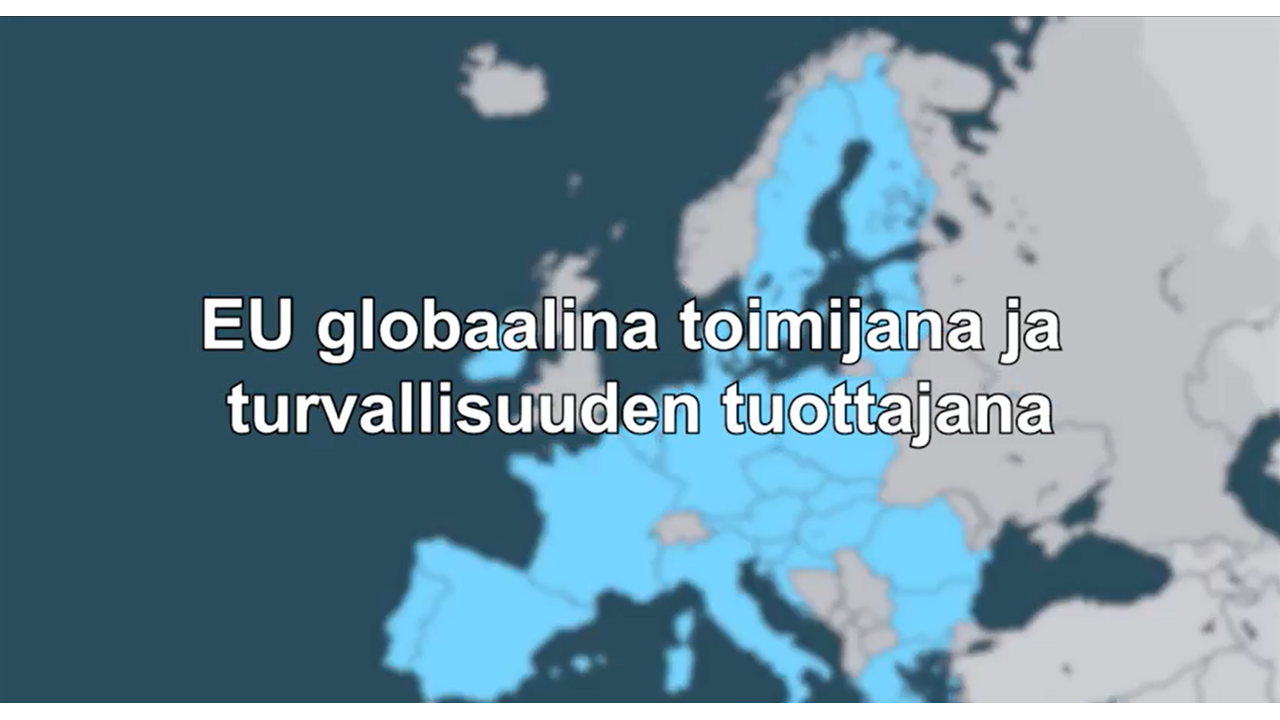 Taustalla sumuinen Euroopan kartta, kartassa sinisellä EU-maat ja muut maat harmaalla, päällä valkoisella videon nimi.