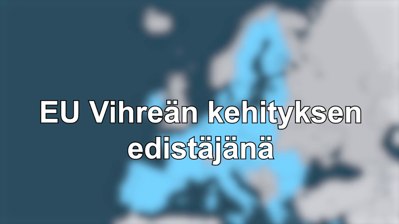 Taustalla sumuinen Euroopan kartta, kartassa sinisellä EU-maat ja muut maat harmaalla, päällä valkoisella videon nimi.